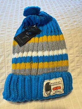 T &T Blue & Yellow Striped Beanie Pom Pom Fleece Lined Winter Hat